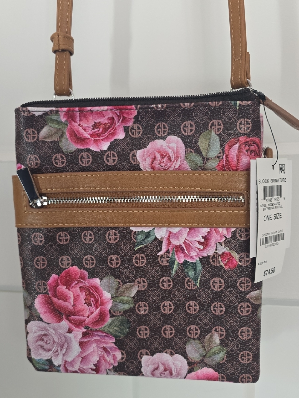 Giani Bernini Brown Floral Signature Crossbody with Pink Roses